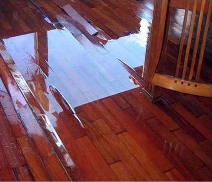 Hardwood flooring with standing water. 